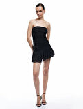Slim Fit Tül Etek Ucu Detaylı Taşlı Straplez Mini Elbise