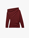 Modal Kumaş Slim Fit Drape Detaylı Asimetrik Yaka Uzun Kollu Tişört