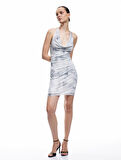 Slim Fit Desenli Sırt Dekolteli Degaje Yaka Taşlı Mini Elbise
