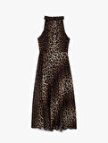 Krep Kumaş Kolsuz Halter Yaka Midi Boy Leopar Desenli Elbise