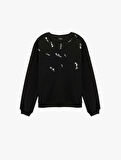 Şardonlu Uzun Kollu Bisiklet Yaka Pul Payet Detaylı Sweatshirt