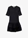 Pamuklu Kaşkorse Fiyonk Broş Detaylı Kısa Kollu Bisiklet Yaka Fırfırlı Mini Elbise