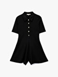 Slim Fit Kısa Kollu Yarım Düğme Detaylı Polo Yaka Mini Şort Tulum