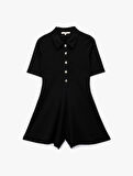 Slim Fit Kısa Kollu Yarım Düğme Detaylı Polo Yaka Mini Şort Tulum