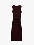 Drape Detaylı Kolsuz Dokulu Bisiklet Yaka Slim Fit Uzun Elbise