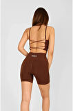 NTB Kahverengi Yüksek Bel Kısa Spor Taytı Scrunch Detaylı,Toparlayıcı Tayt,Kısa Spor Tayt,Fitness