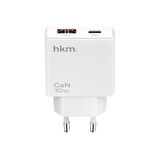 hkm tech EXTRA SLIM GaN 30W USB-A ve Type-C Çift Portlu Hızlı Şarj Aleti, Ultra İnce Güç Adaptörü, Beyaz