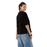 Two Flowers Crop Overisize Siyah T-Shirt