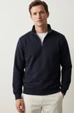 elemge Pamuklu Erkek Sweatshirt Lacivert Soft Touch Relax Fit Yarım Fermuarlı Dik Yaka 3 Iplik Nefes Alan