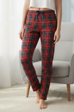 elemge Kadın Kırmızı Pijama Altı Süet Kumaş Ekoseli Rahat Kalıp Kurdeleli Esnek Yumuşak Doku Cepsiz