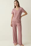 elemge Kadın Bambu Pamuk Pijama Takımı Gül Kurusu Fitilli Regular Fit Alt & Üst İnce Kısa Kol Lastkli Esnek
