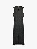 Slim Fit Parıltılı Kemerli Kolsuz Dik Yaka Midi Boy Kalem Elbise