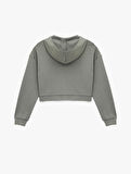 Rahat Kalıp Kanguru Cepli Fermuarlı Yıkamalı Kapüşonlu Crop Sweatshirt