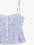Gofre Kumaş Kalp Yaka Düğmeli İp Askılı Çizgili Crop Top
