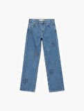 Normal Bel Düz Paça Düğmeli Çiçekli Taşlı Jean Pantolon - Straight Jeans