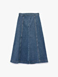 Volanlı Pamuklu Denim Midi Etek