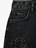 Taş Detaylı Cepli Pamuklu Mini Denim Etek