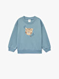 Pamuklu Uzun Kollu Bisiklet Yaka Kaplan Baskılı Oversize Sweatshirt