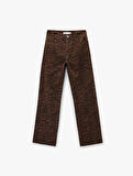 Pamuklu Taş Detaylı Düğmeli Cepli Leopar Desenli Jean Pantolon - Longer Straight Jean