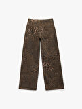 Leopar Desenli Bol Kalıp Jean Pantolon - Loose Straight Fit Jean