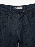 Pamuklu Rahat Kalıp Düz Paça Taşlı Jean Pantolon - Loose Straight Fit Jean