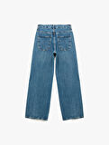 Normal Bel Pamuklu Düğmeli Cepli Geniş Paça Jean Pantolon - Wide Leg Jeans
