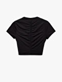 Slim Fit Büzgülü Kısa Kollu Bisiklet Yaka Viskon Crop Spor Tişört