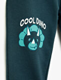 Pamuklu Dinozor Baskılı Beli Bağcıklı Jogger Eşofman Altı