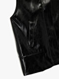 Cepli Fermuarlı Dik Yaka Suni Deri Yelek