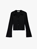 Slim Fit Uzun Kollu Düğmeli Dokulu Klasik Yaka Bluz