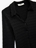Slim Fit Uzun Kollu Düğmeli Dokulu Klasik Yaka Bluz