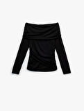 Slim Fit Drape Detaylı Uzun Kollu Omzu Açık Tişört