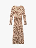 Slim Fit Yırtmaçlı Uzun Kollu Bisiklet Yaka Zebra Desenli Drapeli Elbise