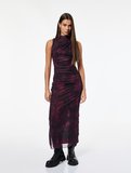 Slim Fit Kolsuz Bisiklet Yaka Çiçekli Uzun Tül Elbise
