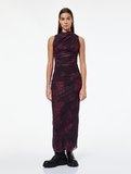 Slim Fit Kolsuz Bisiklet Yaka Çiçekli Uzun Tül Elbise