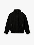 Uzun Kollu Cepli Dik Yaka Fermuarlı Crop Kaşe Bomber Mont