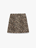 Yüksek Bel Leopar Desenli Taş Detaylı Mini Etek