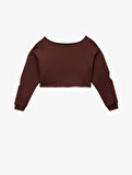 Uzun Kollu Baskılı Kayık Yaka Oversize Crop Sweatshirt
