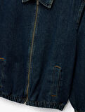 Gömlek Yaka Cepli Fermuarlı Oversize Bomber Jean Ceket