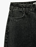 Düğmeli Cepli Pamuklu Normal Bel Düz Paça Taşlı Jean Pantolon - Straight Fit Jean