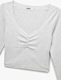 Uzun Kollu V Yaka Büzgülü Viskon Crop Slim Fit Pijama Üstü