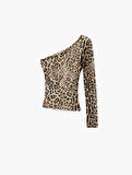 Leopar Desenli Uzun Kollu Tek Omuz Tül Tişört