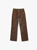 Normal Bel Düğmeli Düz Paça Zebra Desenli Jean Pantolon - Straight Fit Jean