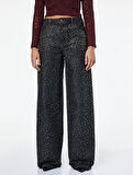 Normal Bel Bol Paça Taşlı Jean Pantolon - Loose Straight Fit Jean