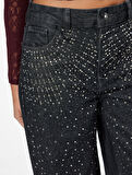 Normal Bel Bol Paça Taşlı Jean Pantolon - Loose Straight Fit Jean
