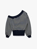 Çizgili Uzun Kollu Kayık Yaka Rahat Kalıp Omzu Açık Crop Sweatshirt