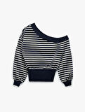Çizgili Uzun Kollu Kayık Yaka Rahat Kalıp Omzu Açık Crop Sweatshirt