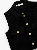 Yuvarlak Yaka Düğmeli Cepli Metal Aksesuar Detaylı Kolsuz Tüvit Yelek