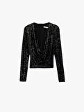 Uzun Kollu Degaje Yaka Pullu Payetli Crop Bluz