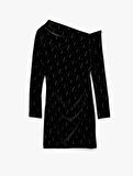 Slim Fit Uzun Kollu Taşlı Tek Omuz Mini Kadife Elbise